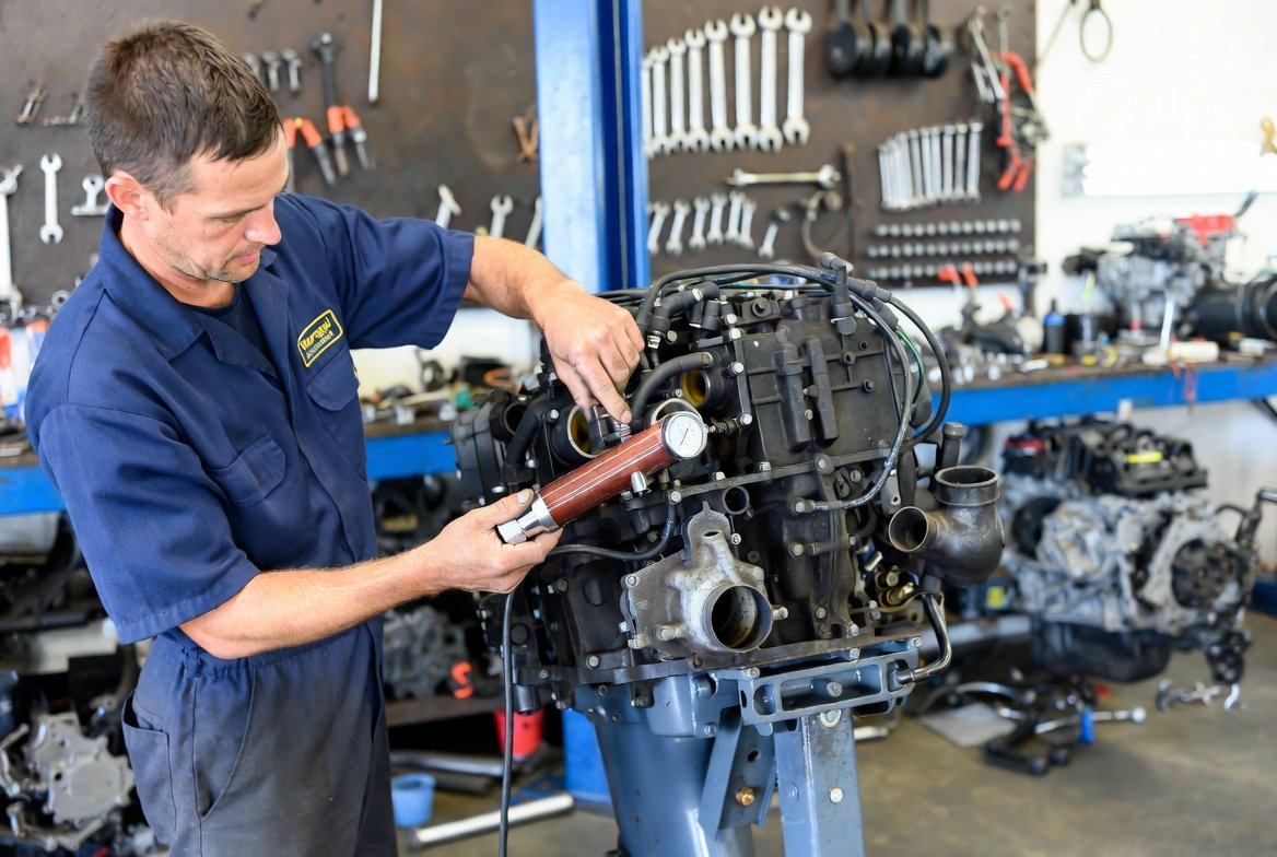 PE Marine Outboards & Engines inspecting and testing used outboard motors